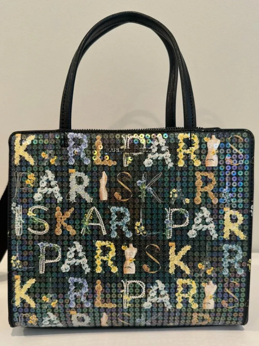 KARL LAGERFELD MAYBELLE SATCHEL Crossbody BAG Black Purse Paris SEQUINS $268 NWT